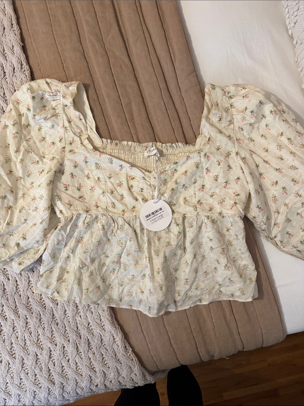 Storia Cream Floral Smocked Peasant Blouse with Pink Accents